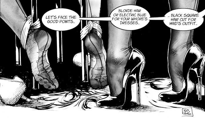 bondage seamed nylon stockings high-heels and feet close-up drawing