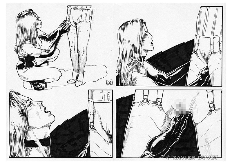 femme mouille sur le gant latex d'une dominatrice en corset et bottes à lacet