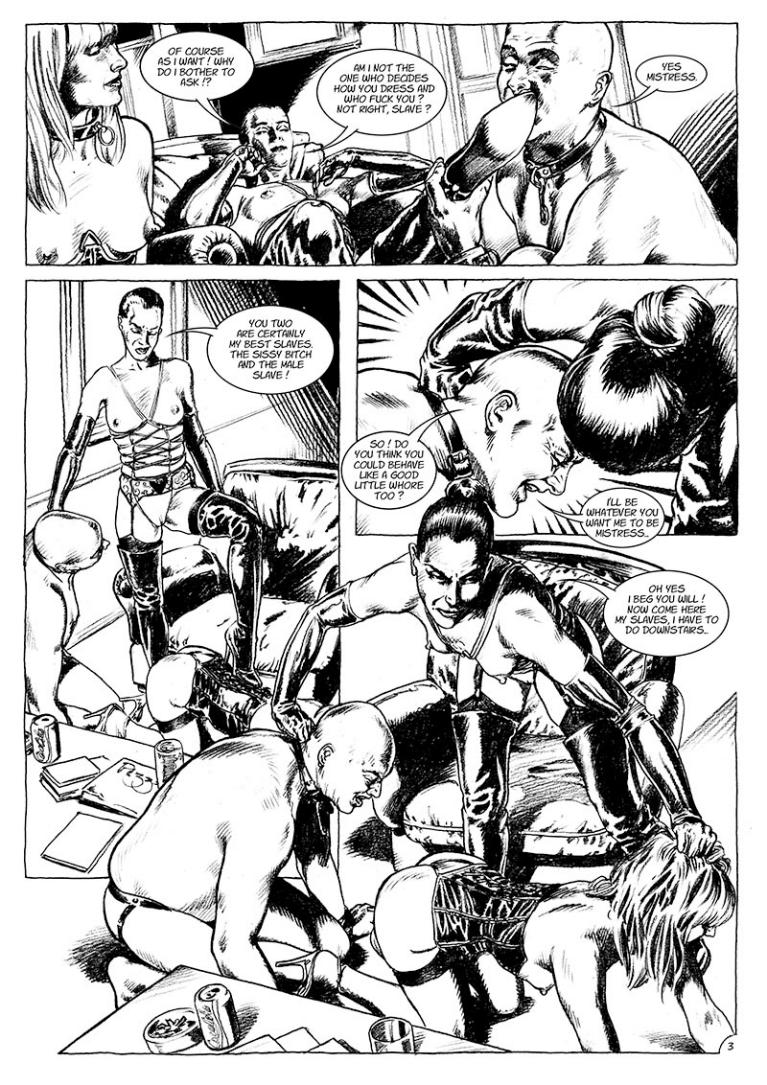 slaves with mistress in leather boots illustration